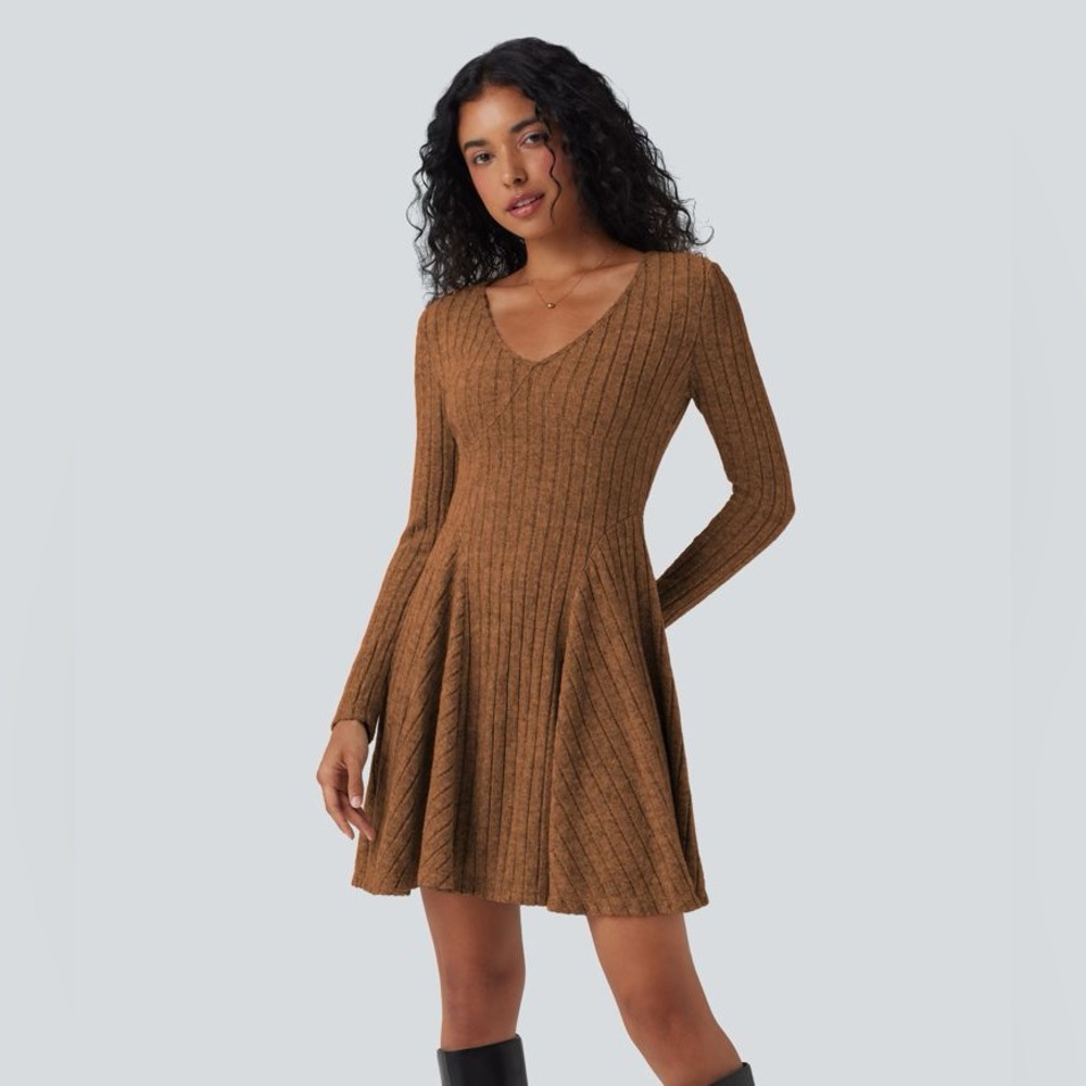 🛍️SALE🛍️HALARA Ribbed Knit V Neck Long Sleeve Fit &  Flare Mini Casual Dress NWT - Picture 3 of 9